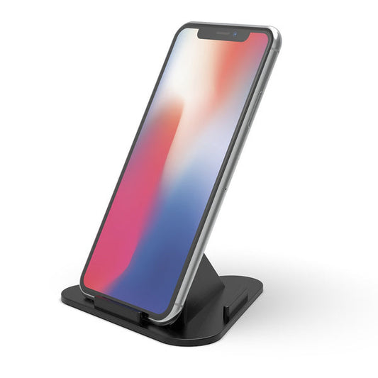 Adjustable pyramid mobile stand with a sleek design holding a smartphone securely in place