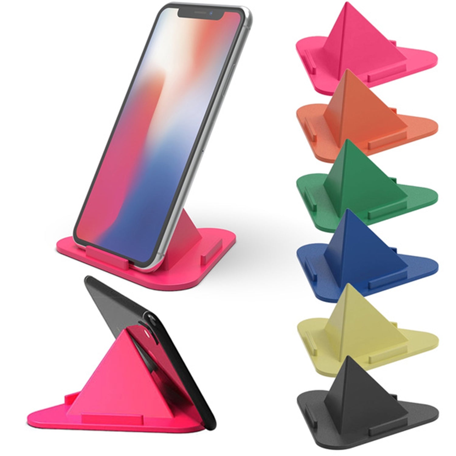 Adjustable pyramid mobile stand in multiple colors with a smartphone for versatile viewing angles