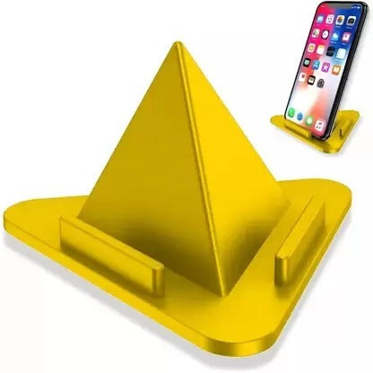 Bright yellow adjustable pyramid mobile stand suitable for various phone sizes and angles