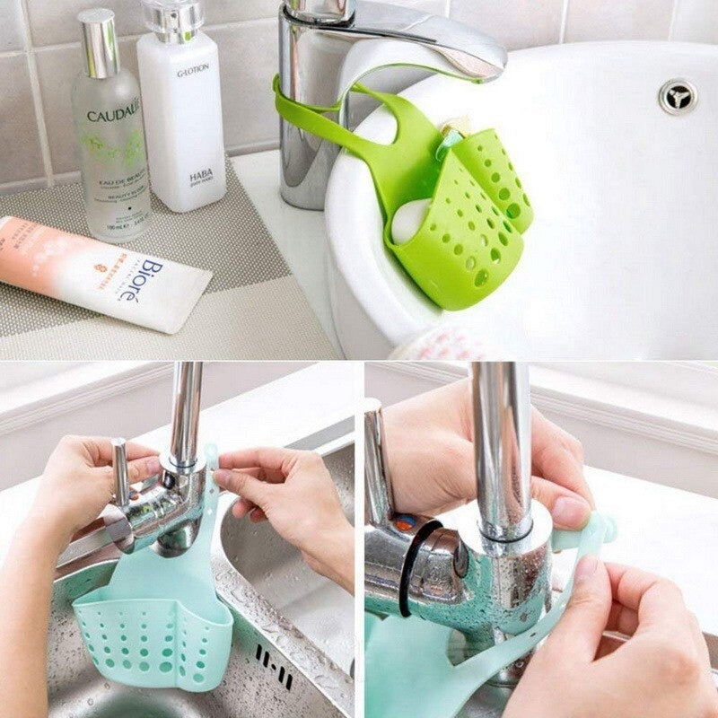 Adjustable sink caddy basket in green for organizing kitchen and bathroom essentials
