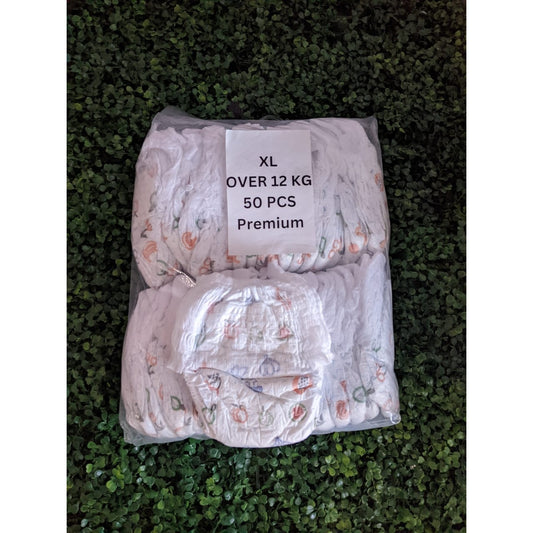 Pack of affordable baby diapers XL, 50 pieces, designed for comfort and durability for babies over 12 kg