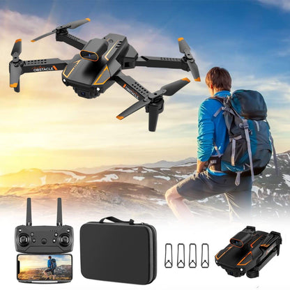 Affordable foldable camera drone flying over a hiker with mountain backdrop and remote control in view