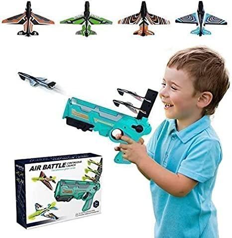 Child playing with an airplane launcher toy gun, featuring colorful toy planes and box packaging