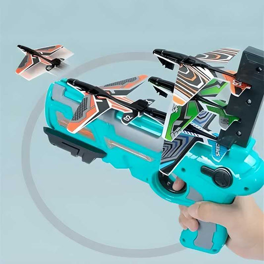 Colorful airplane launcher toy gun with flying planes designed for fun outdoor play