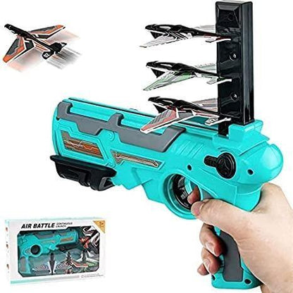 Colorful airplane launcher toy gun with three paper planes ready for action