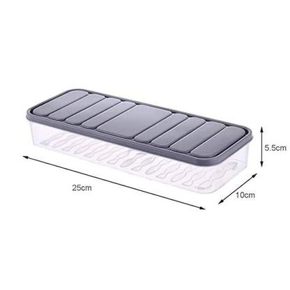 Airtight fridge vegetable storage box with gray lid and clear base measuring 25cm by 10cm by 5.5cm