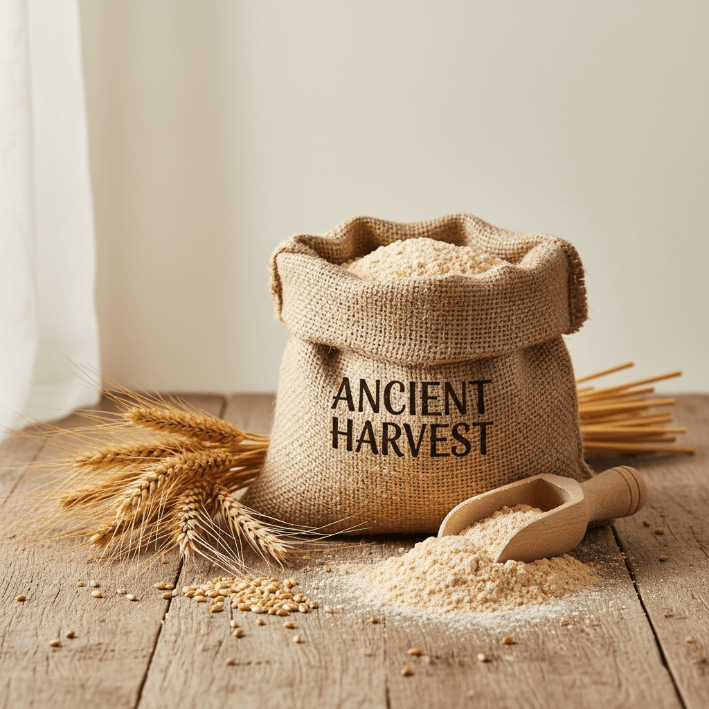 Brown burlap sack of Organic Whole Wheat Flour with a scoop and scattered grains around it