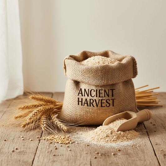 Brown burlap sack of Organic Whole Wheat Flour with a scoop and scattered grains around it