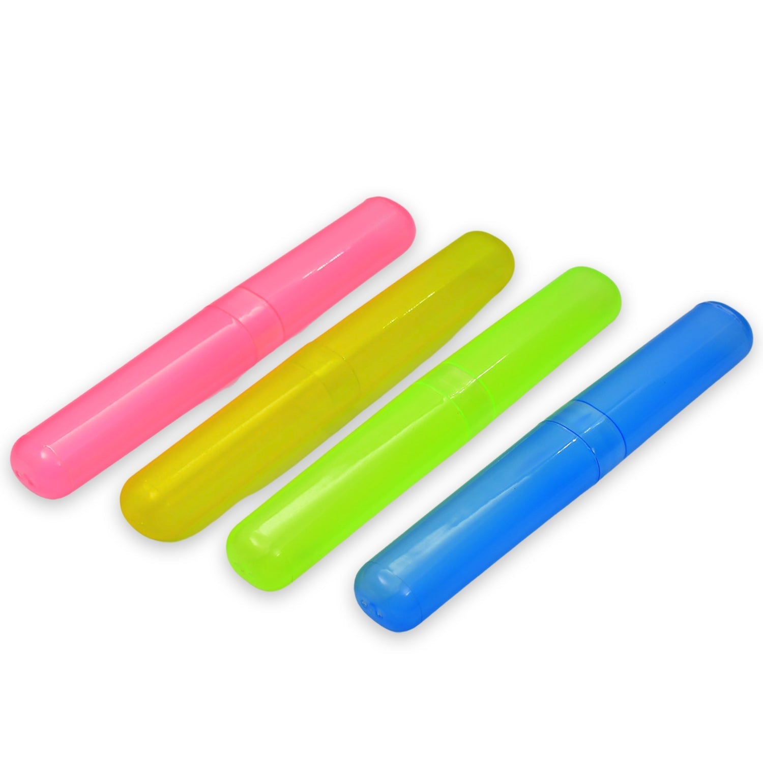 Colorful anti-bacterial toothbrush cover set in pink, yellow, green, and blue for hygienic travel