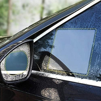 Anti fog rearview mirror film applied to a car side mirror for enhanced visibility in wet conditions