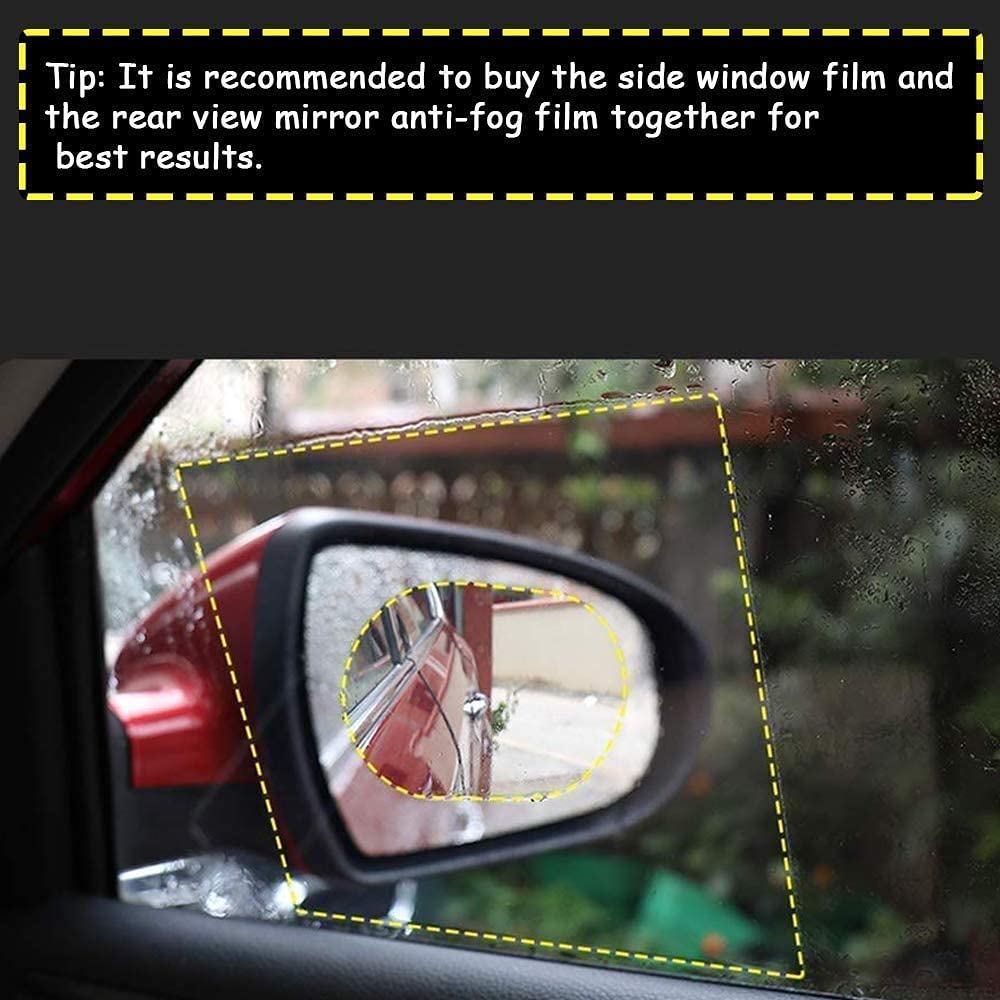 Anti-fog rearview mirror film applied to a car mirror showcasing clear visibility in wet conditions