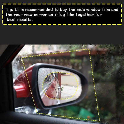 Anti-fog rearview mirror film applied to a car mirror showcasing clear visibility in wet conditions