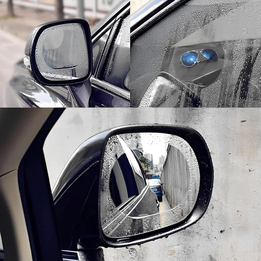 Your Brand anti-fog rearview mirror film applied to a car mirror, showcasing clarity in wet conditions