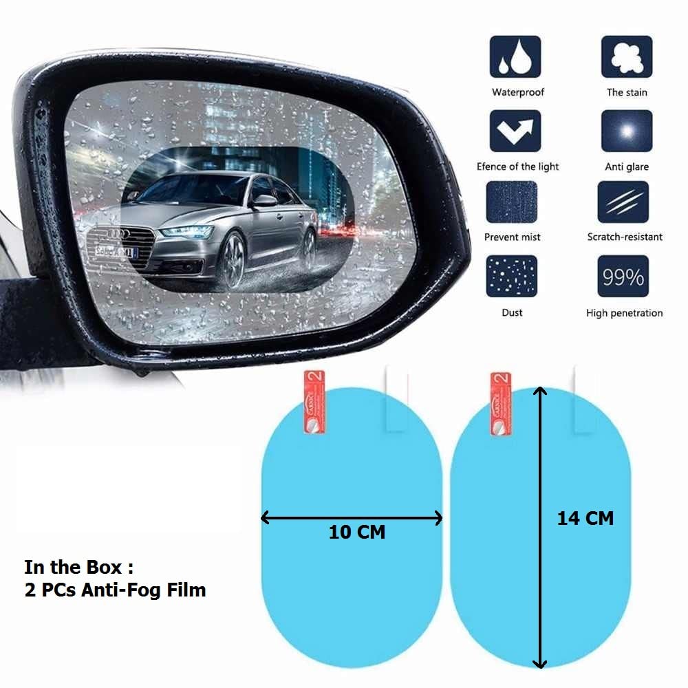 Your Brand anti-fog rearview mirror film in package with dimensions and features displayed clearly