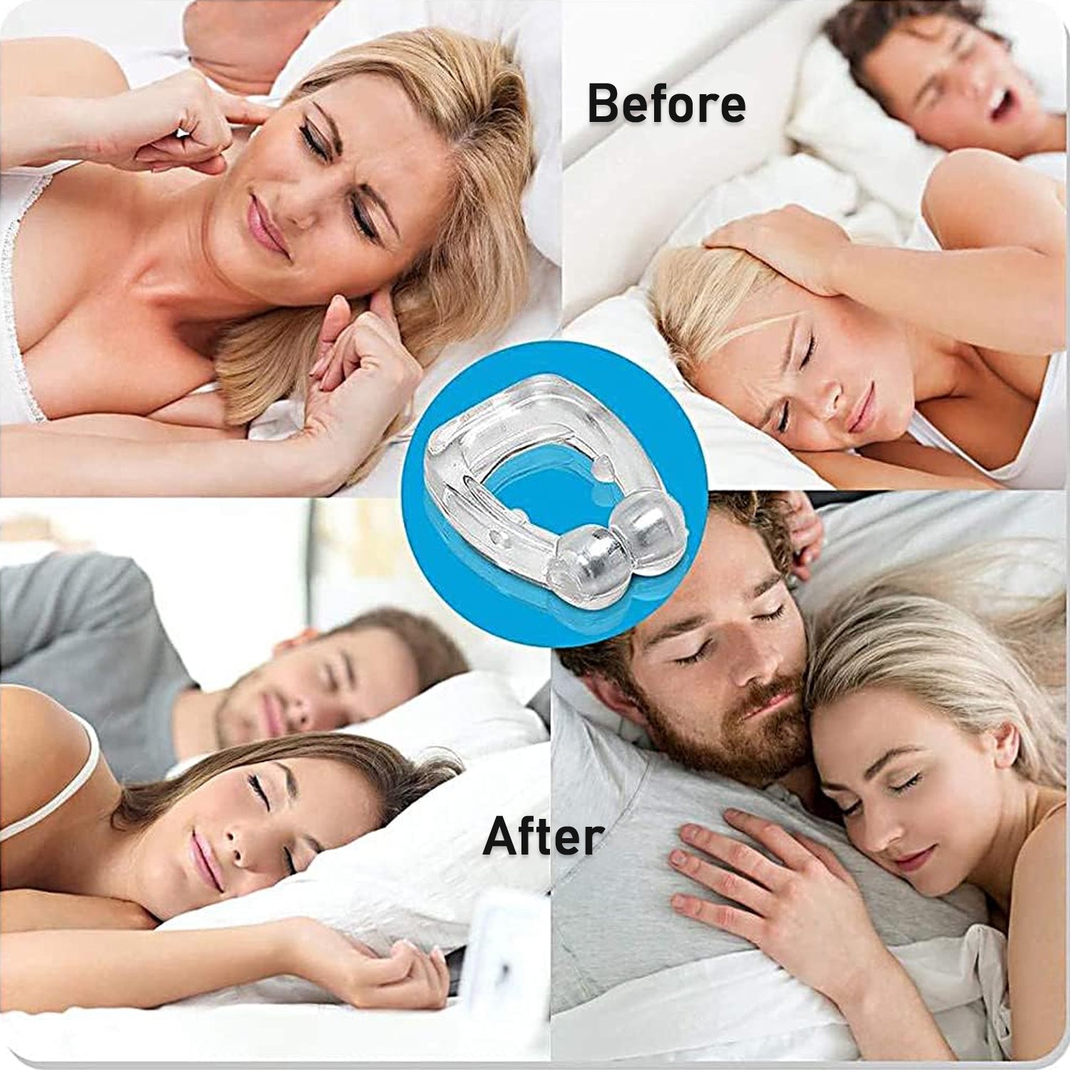 Before and after images showing the anti snore magnetic nose clip helping couples sleep peacefully without disturbance