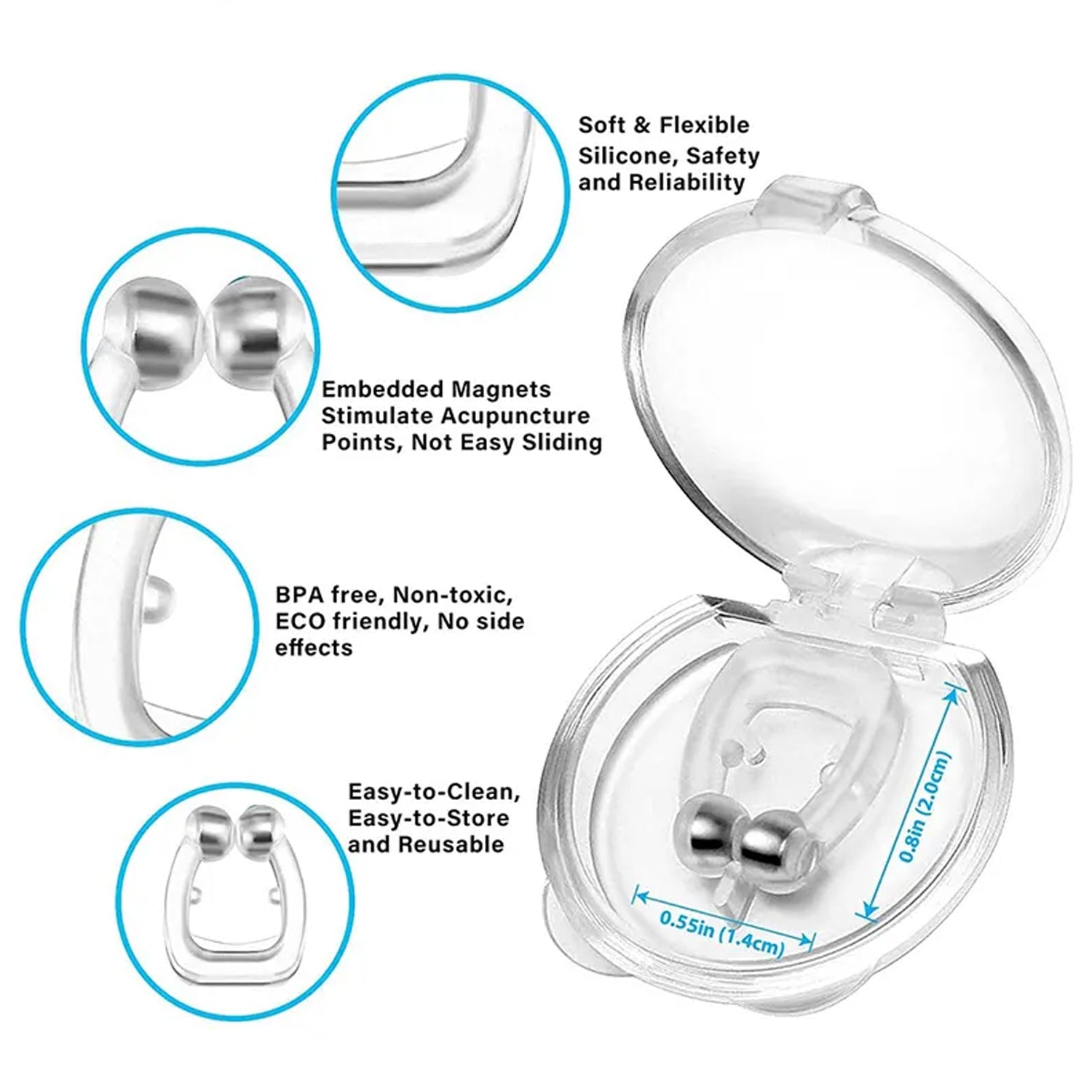 Anti snore magnetic nose clip in a clear case made of soft silicone for comfort and reliability