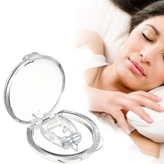 Anti snoring nose clip in case with a woman sleeping peacefully beside it