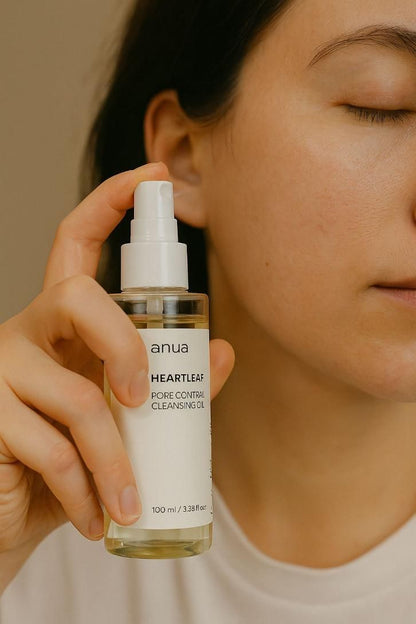 Anua Heartleaf Pore Cleansing Oil in a spray bottle, ideal for skin care routines