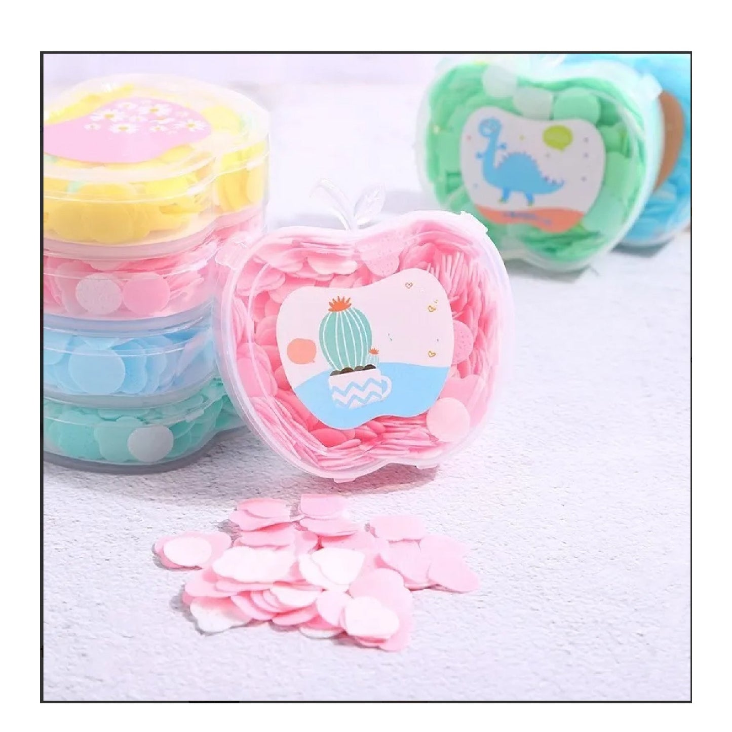 Apple scented paper soap in colorful packs, perfect for travel and personal care.