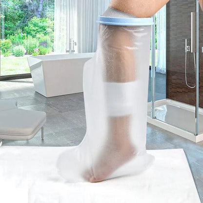 reusable cast cover for leg injury waterproof knee high protective sleeve with blue seal in bathroom setting