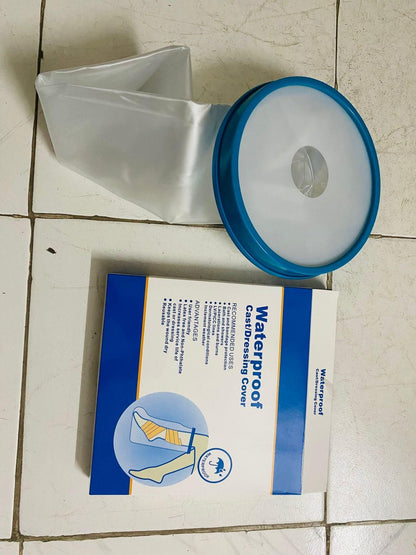 THE GIR FARMER waterproof reusable cast cover for leg injury with blue rim and clear plastic sleeve