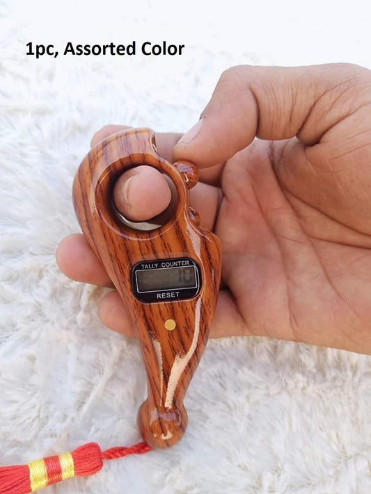 Wood grain handheld digital tally number counter with finger ring LCD display and red tassel