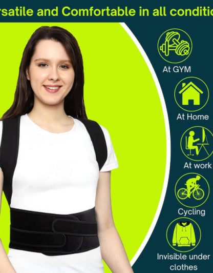 breathable back support brace worn by a woman for gym, home, and cycling use