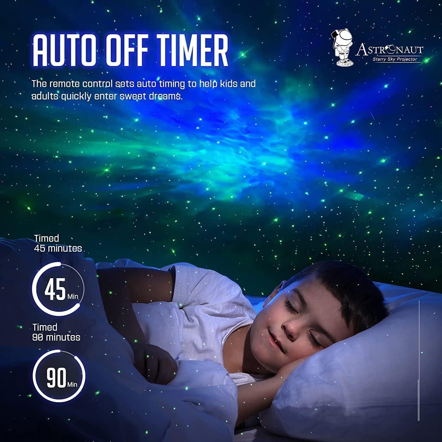 Astronaut galaxy projector with auto off timer, creating a cosmic night sky for peaceful sleep