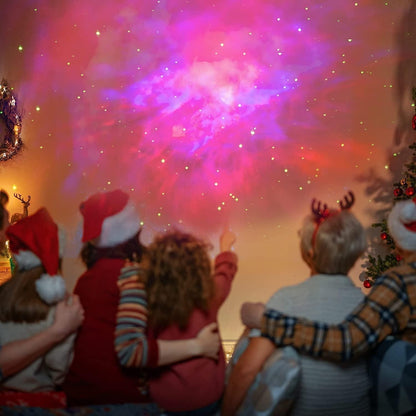 People enjoying a festive gathering illuminated by the astronaut galaxy projector creating a colorful starry sky
