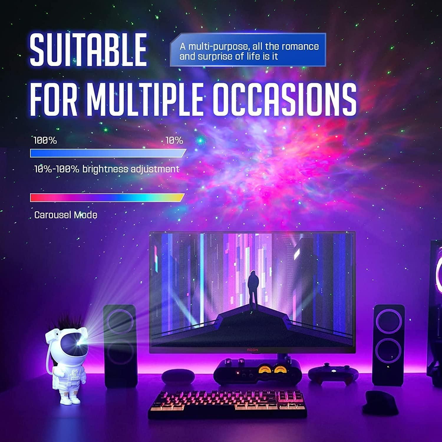 Astronaut galaxy projector creating a vibrant starry display in a gaming setup for immersive experiences