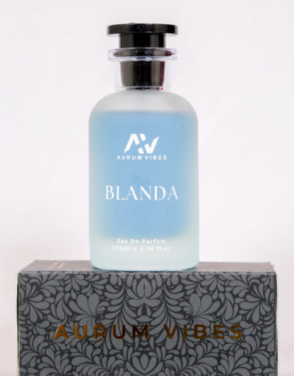 Blanda male fragrance 100ml by Aurum Vibes in a frosted glass bottle with a black cap on decorative packaging
