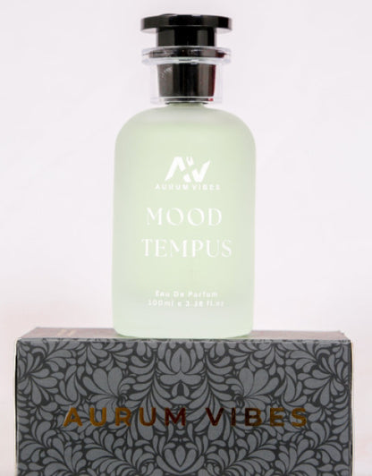 Mood Tempus natural fragrance eau de parfum in frosted glass bottle by The Gir Farmer on decorative box