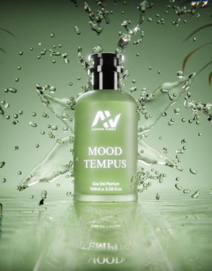 Mood Tampus natural fragrance green bottle with black cap surrounded by water droplets splash