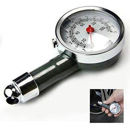 Dial-style auto tire pressure gauge with a chrome finish and easy-to-read measurements