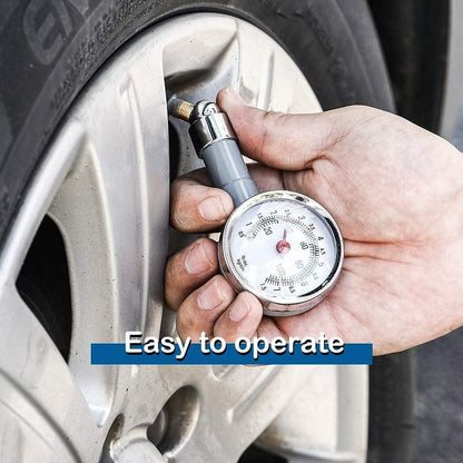 Hand using an auto tire pressure gauge to check tire pressure for vehicle maintenance