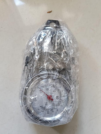 Auto tire pressure gauge wrapped in plastic with a clear dial and red indicator for accurate readings