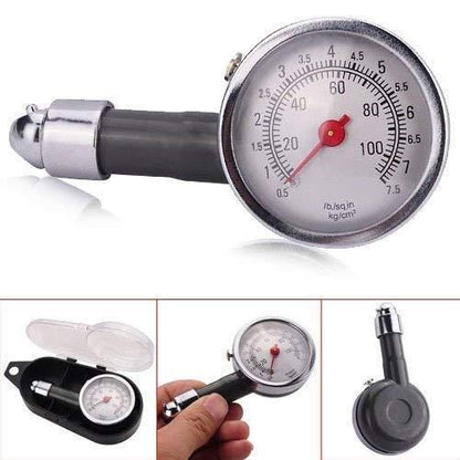 Compact auto tire pressure gauge with easy-to-read dial and protective case for accurate tire pressure measurement