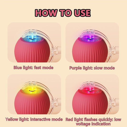 How to use automatic rolling ball for cats with blue fast mode light purple slow mode yellow interactive mode and red low voltage flash