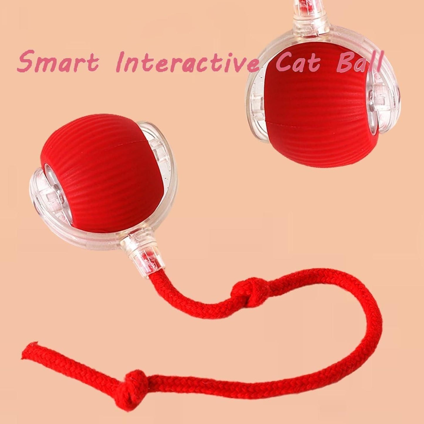 THE GIR FARMER automatic rolling ball for cats in red with clear casing and attached red rope toy