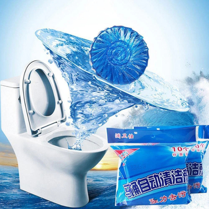 Amd-Deodap automatic toilet bowl cleaner tablets with blue tablet dissolving in water in a white toilet