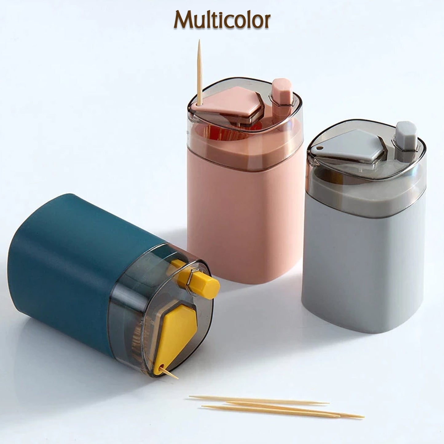 Multicolor automatic toothpick dispenser set with three stylish containers for easy toothpick access