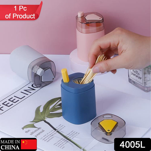 Your Brand Automatic Toothpick Dispenser in blue with a hand picking a toothpick for convenience