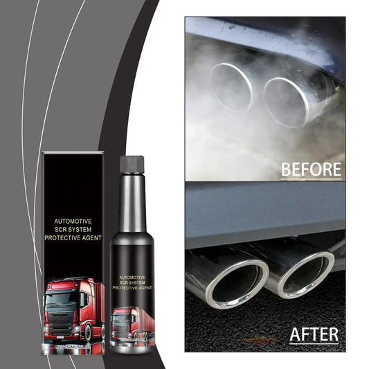 Automotive SCR system protective agent bottle beside vehicle exhaust pipes with before and after effects