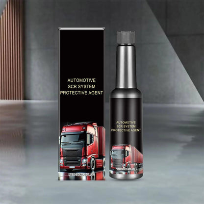Bottle of automotive SCR system protective agent with red truck packaging for vehicle maintenance