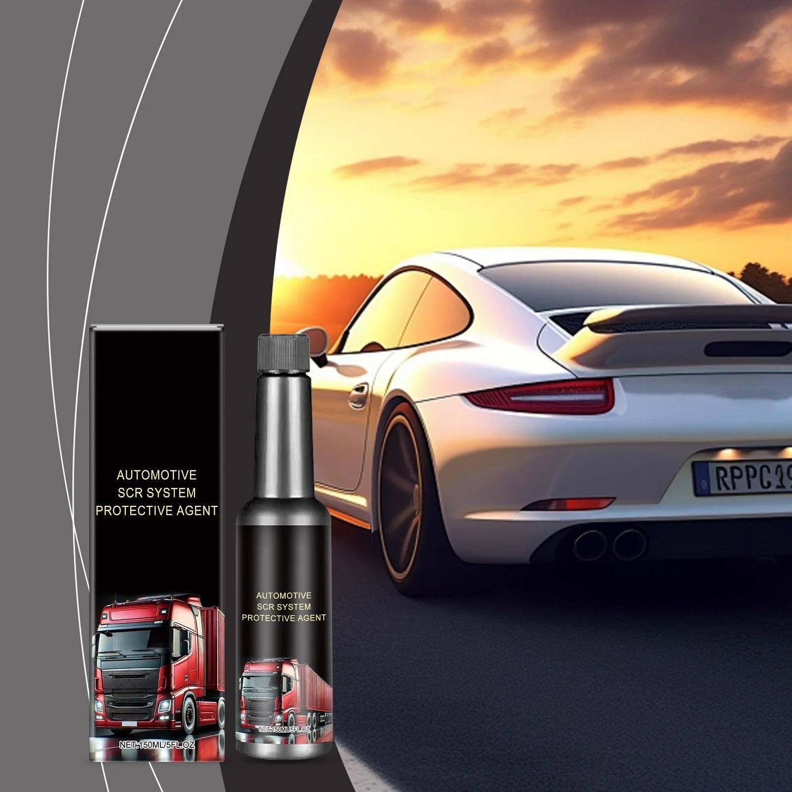 Automotive SCR system protective agent bottle beside a truck and a car in a sunset setting
