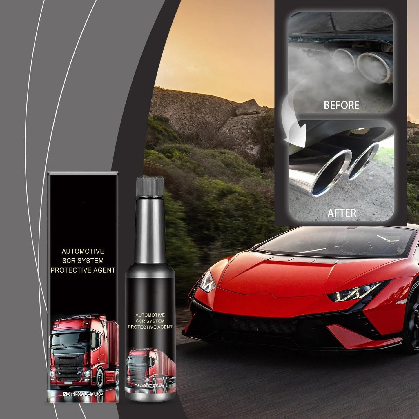 Automotive SCR system protective agent bottle next to a truck and car, showcasing before and after effects