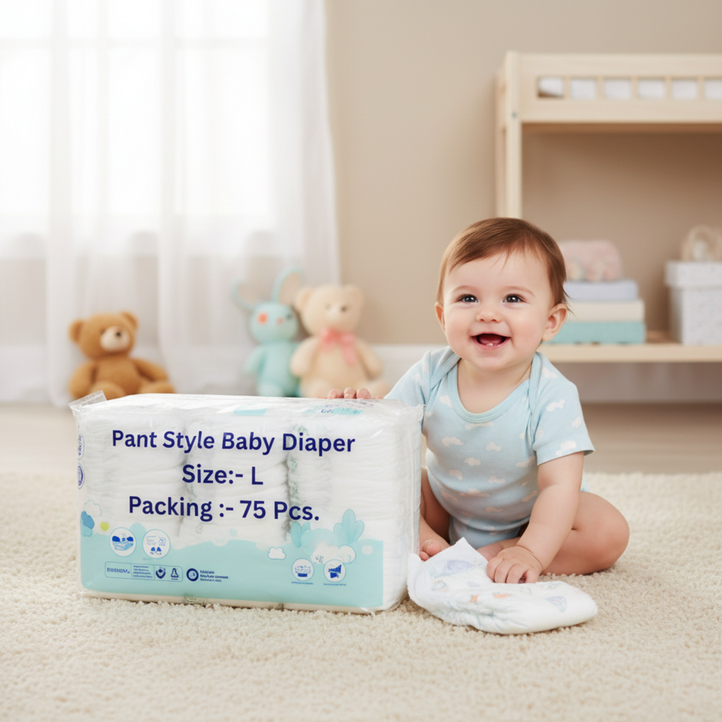 Pack of L size baby diapers by THE GIR FARMER, featuring a comfortable pant style for gentle care