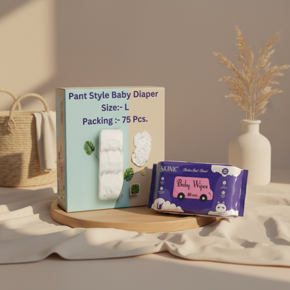 THE GIR FARMER L size baby diapers in a pack of 75 with accompanying baby wipes for convenient diaper changes