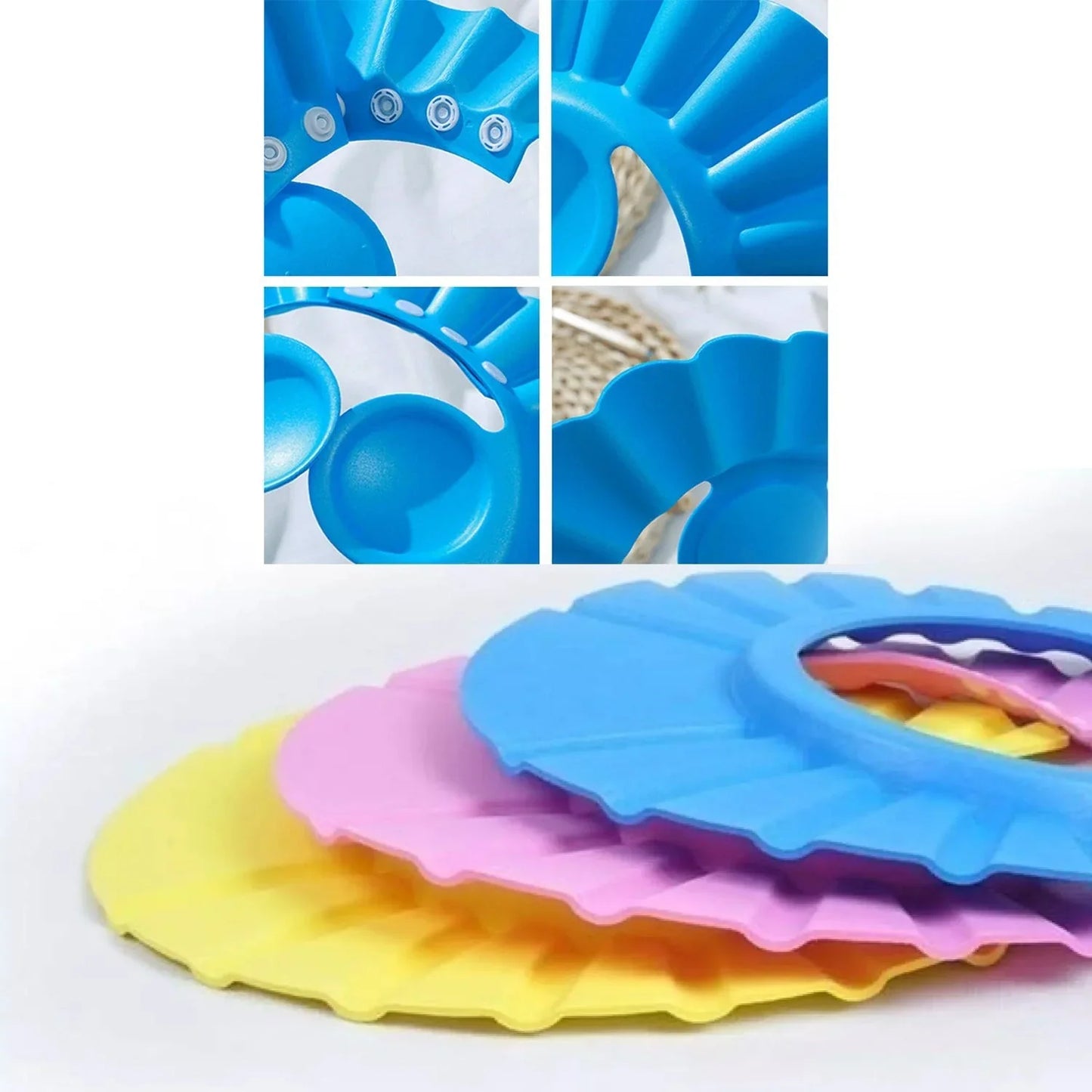 Set of splash proof baby shower caps in blue, yellow, and pink for protecting eyes during bath time