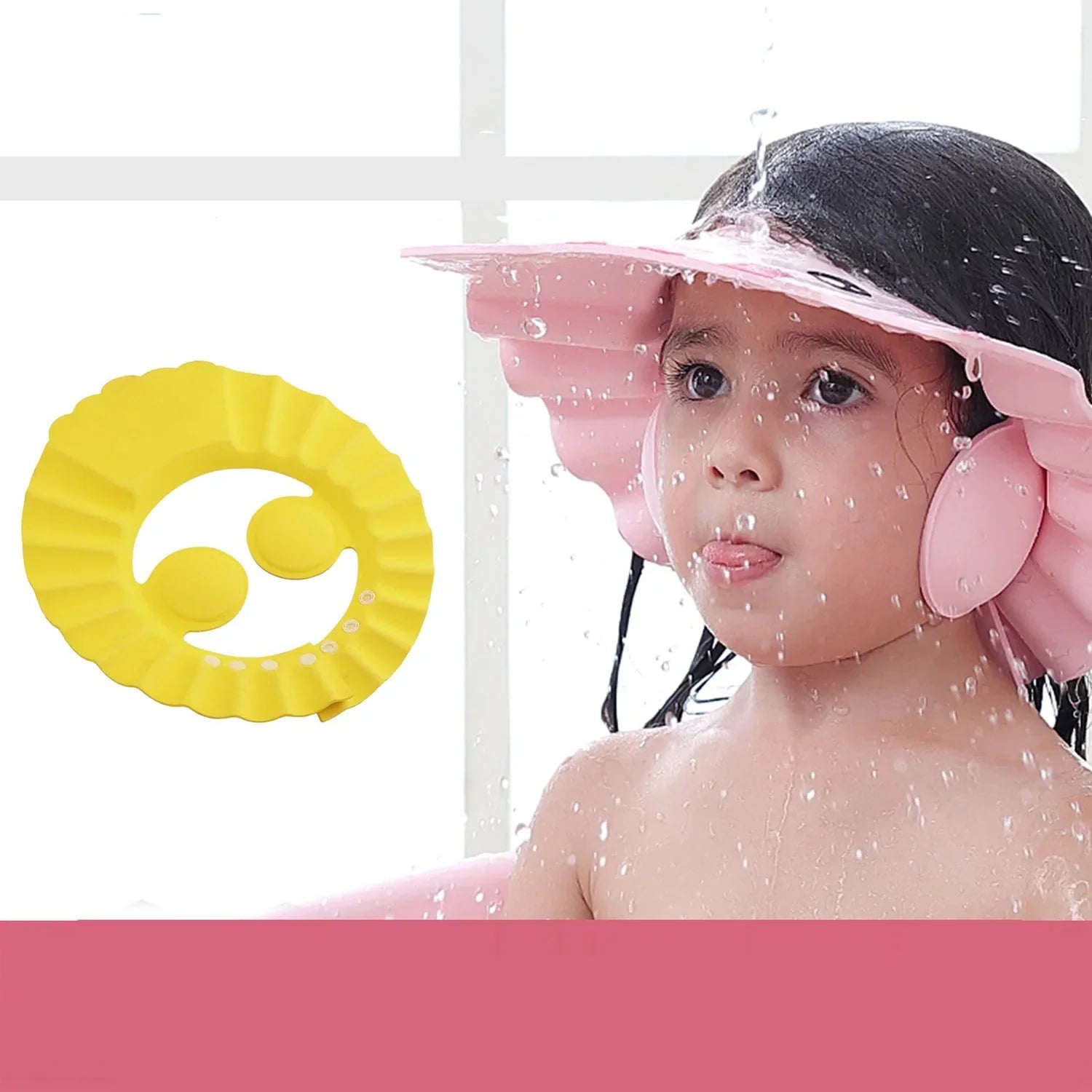 Pink baby shower cap splash proof designed to keep water out of children's eyes during bath time